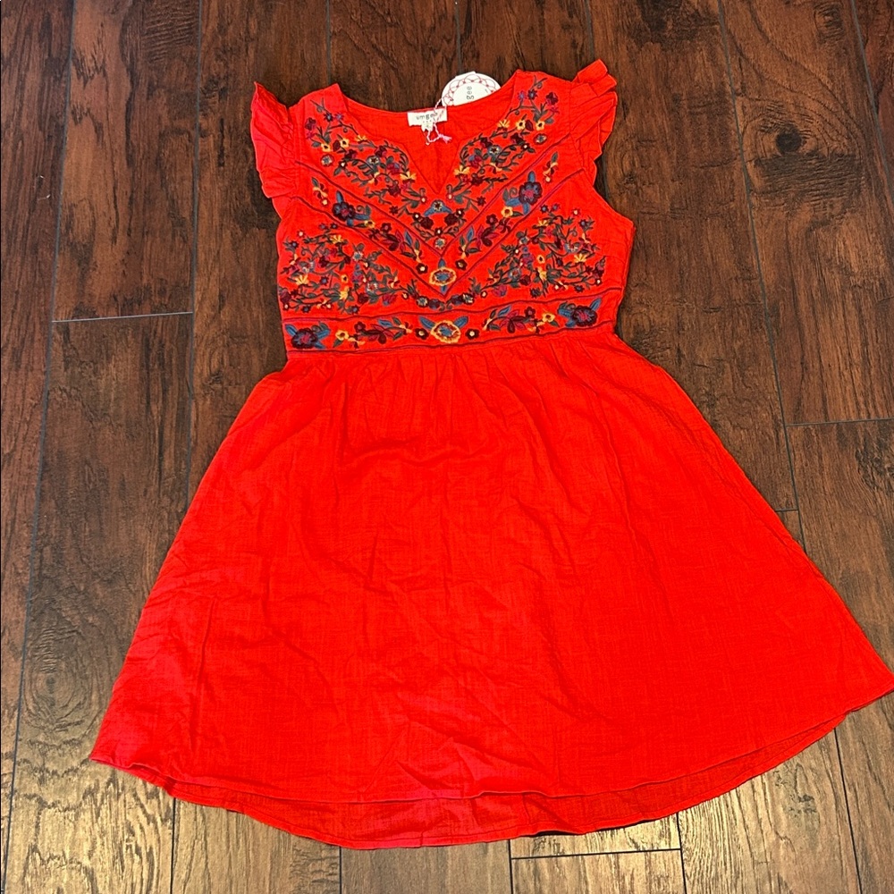 Umgee Vibrant Red Dress with Colorful Embroidery